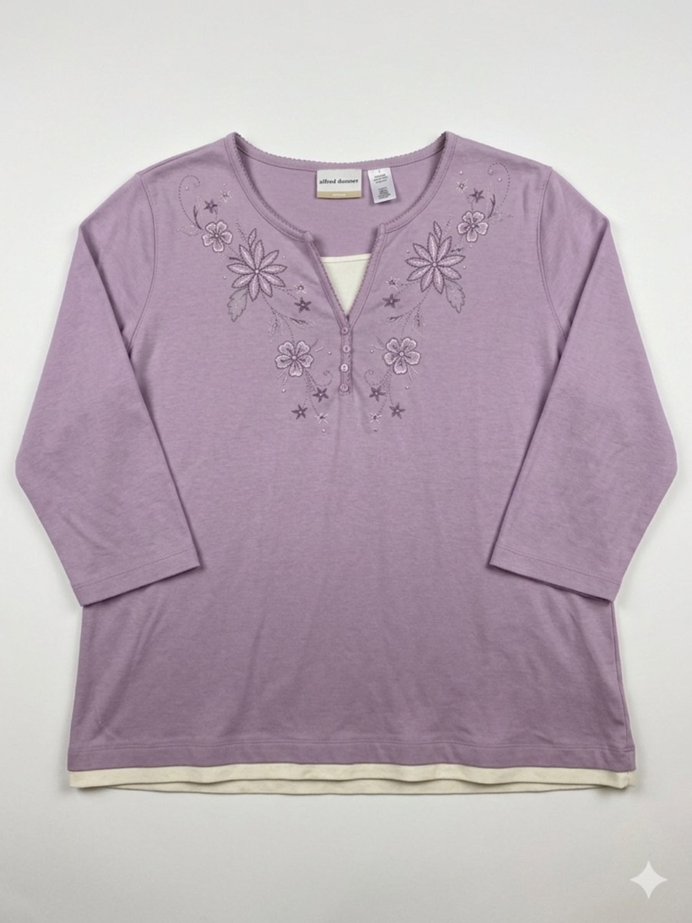 Alfred Dunner Woman 2X Lavender Purple Embroidered 2-in-1 Top 3/4 Sleeve